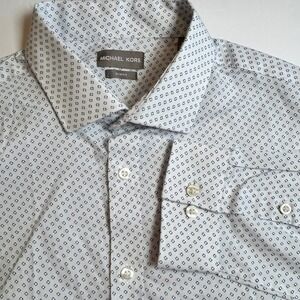 Michael Kors Slim Fit Button Down Dress Shirt White Blue Geometric XL 17 34/35